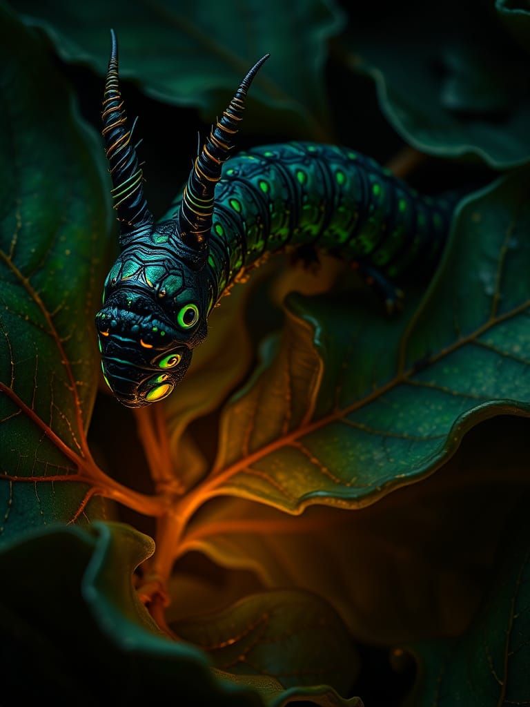 Dragon-Headed Caterpillar Crawling on Emerald Leaves