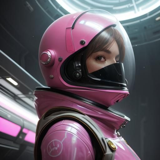 Astronaut in Pink Latex Spacesuit on Abandoned Ship