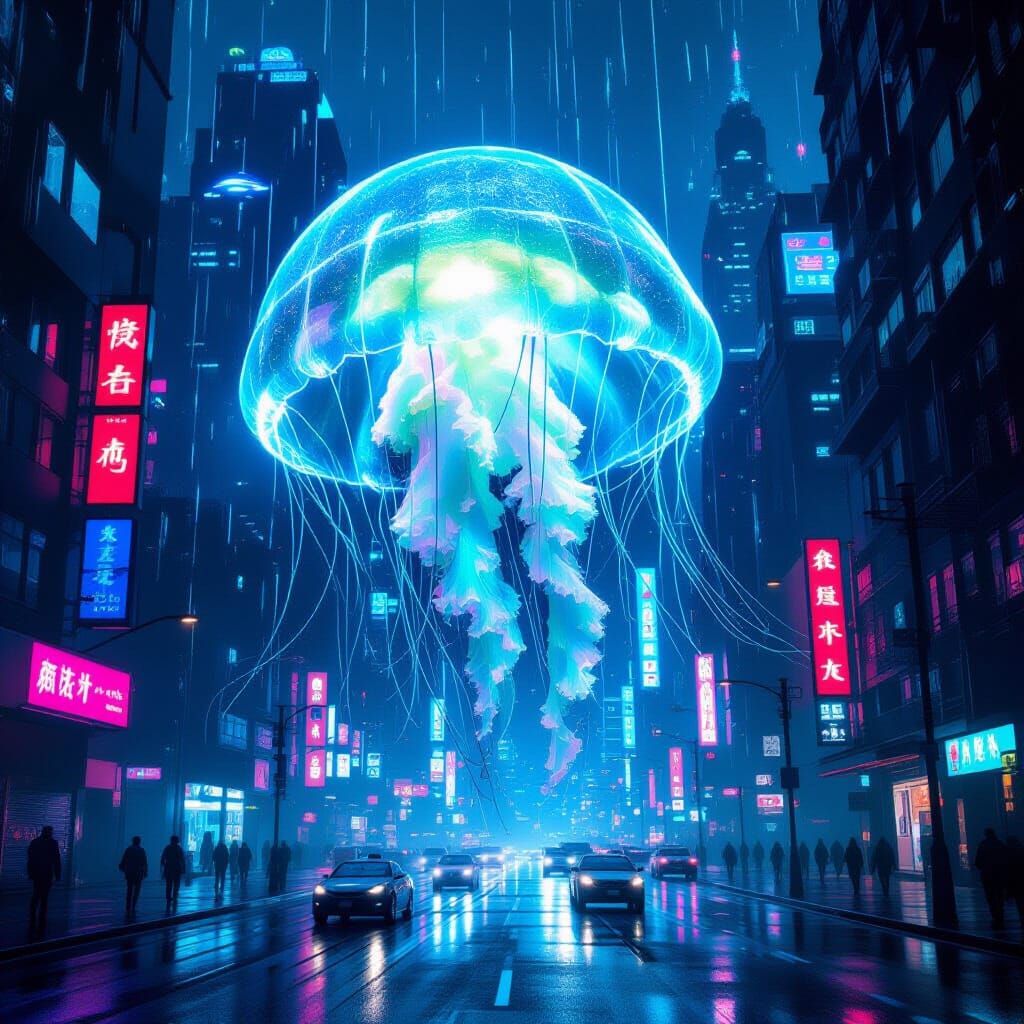 Bioluminescent Jellyfish in Futuristic Cityscape