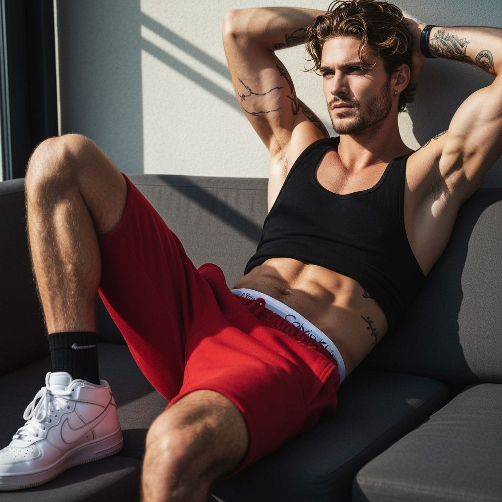 Athletic Man Poses on Urban Terrace in Fashion Editorial Sty...