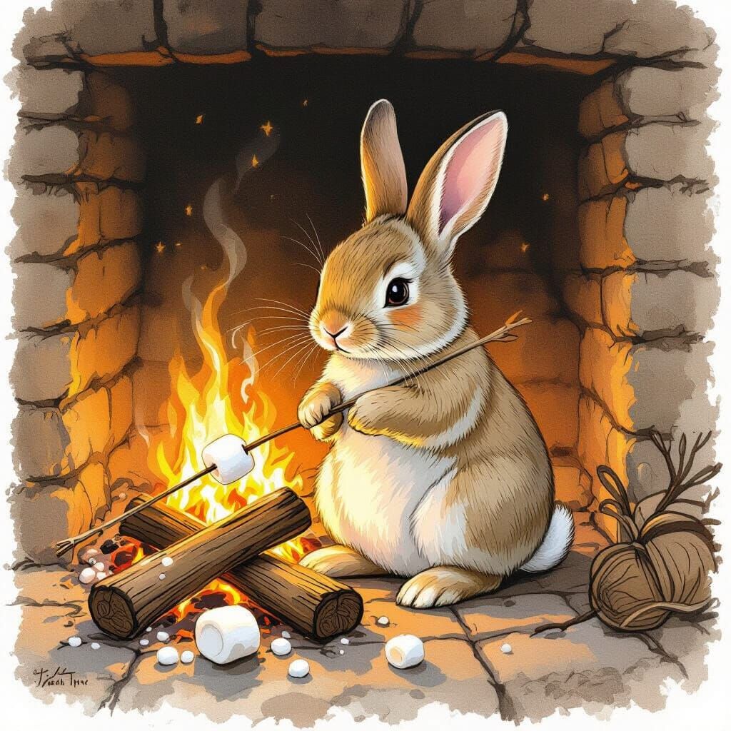 Rabbit Roasting Marshmallows in Fireplace, Storybook Illustr...