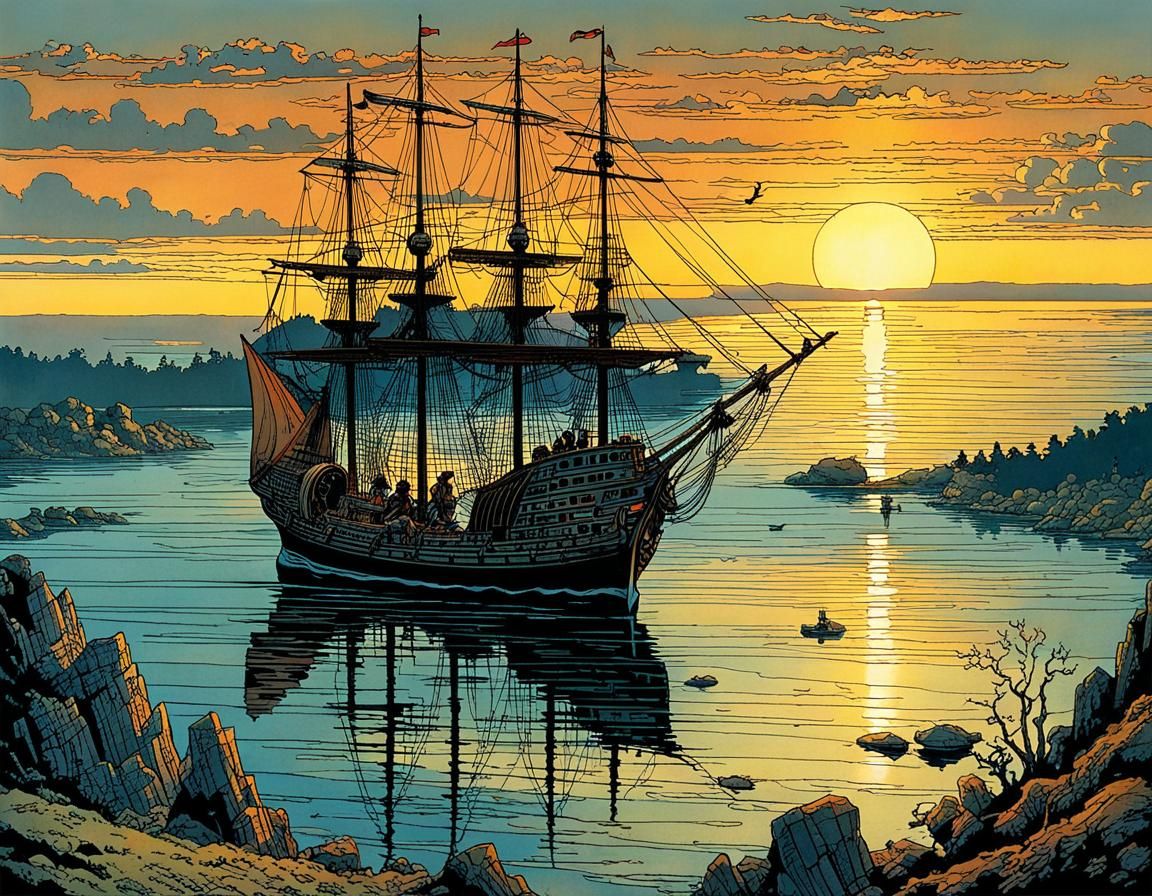 Sunset Sailing Ship in Bay: Intricate Illustration