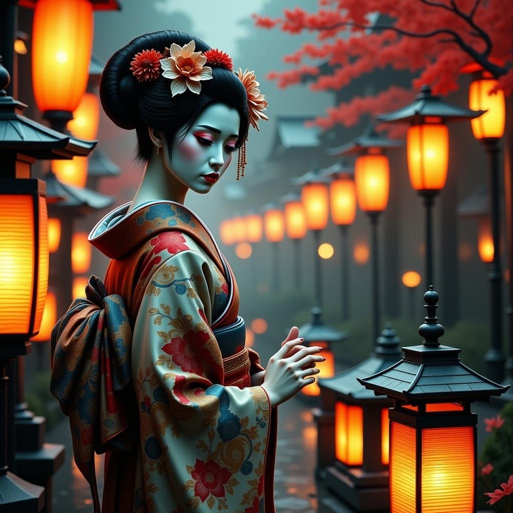 Geisha in Mystical Japanese Landscape: Fantasy Art