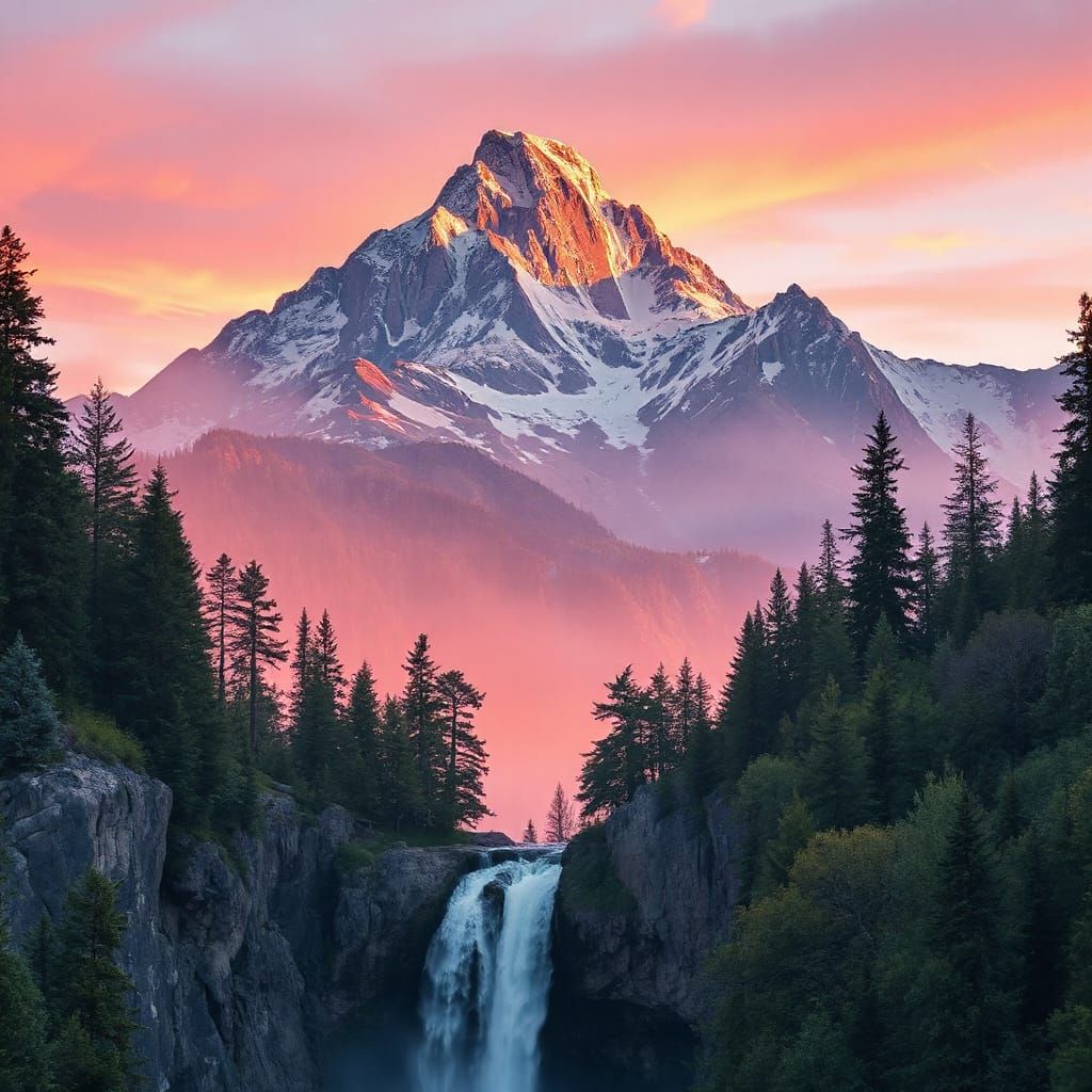 Hyperrealistic Watercolour Sunset Over Mountain Waterfall