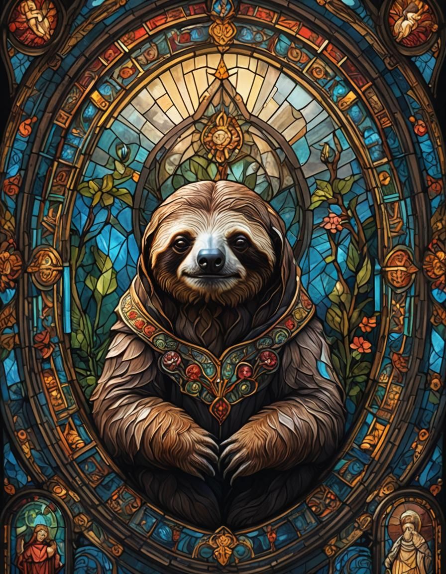 Stained Glass Sloth as a Saintly Figure