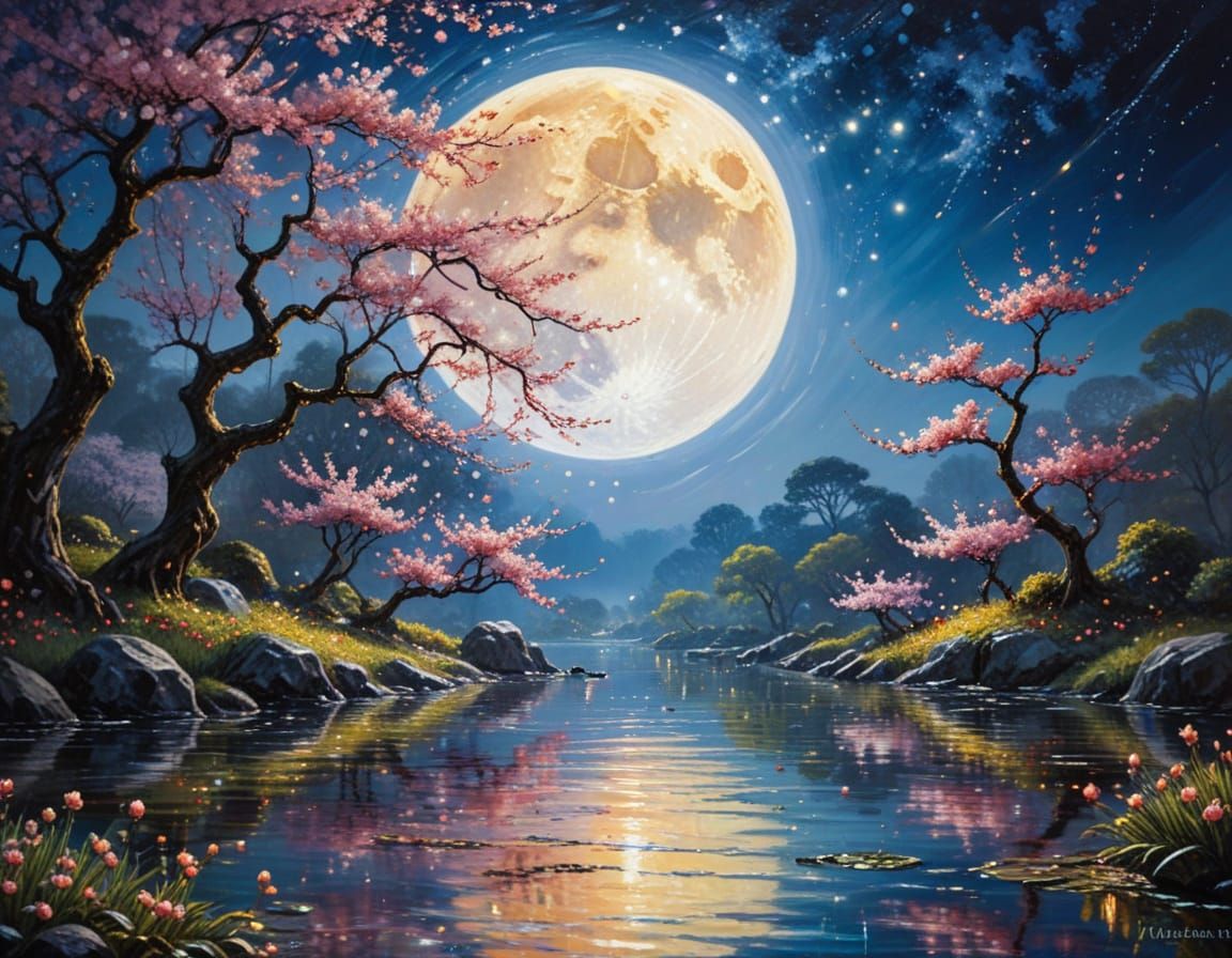 Surreal Full Moon with Cherry Blossoms, Oil Painting