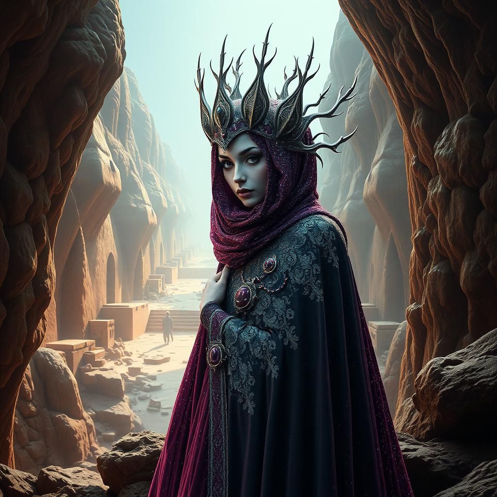 Anthropomorphic Night Queen in Karst Fractal Landscape