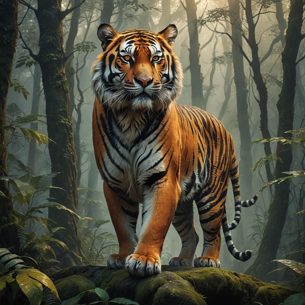 Majestic Tiger in Misty Forest: Fantasy Concept Art