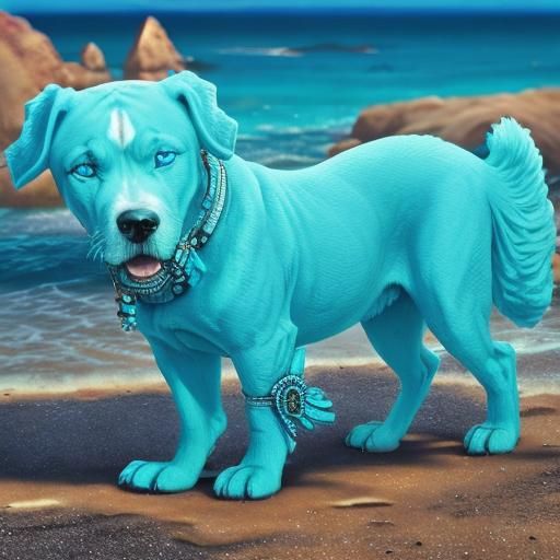Neon Turquoise Dog on Beach: Neon Glow Art