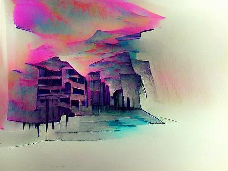 Minimalist City in Caves: Inverted Watercolor Ink Drawing