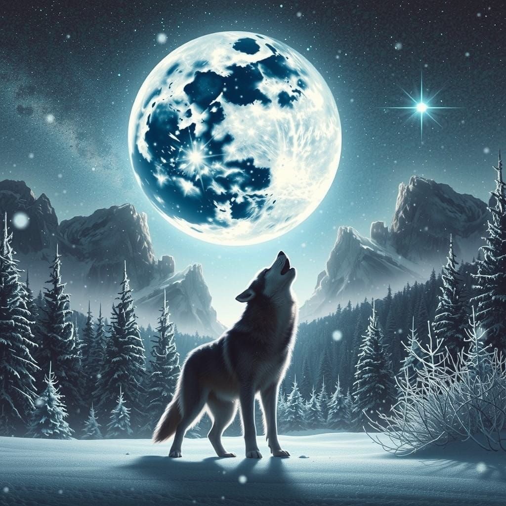 Wolf in the Moonlit Frozen Forest
