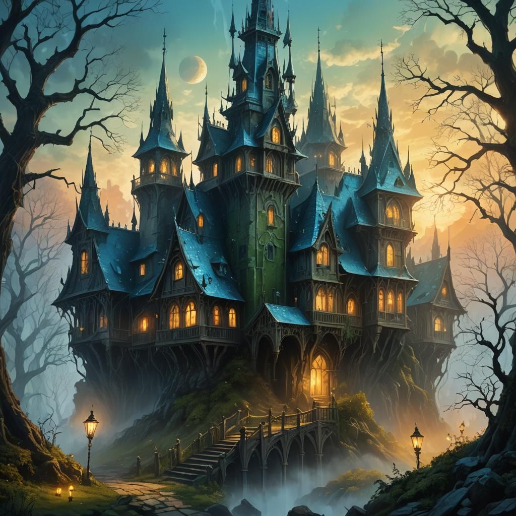 Mysterious House in Green Woods: Art Nouveau Concept