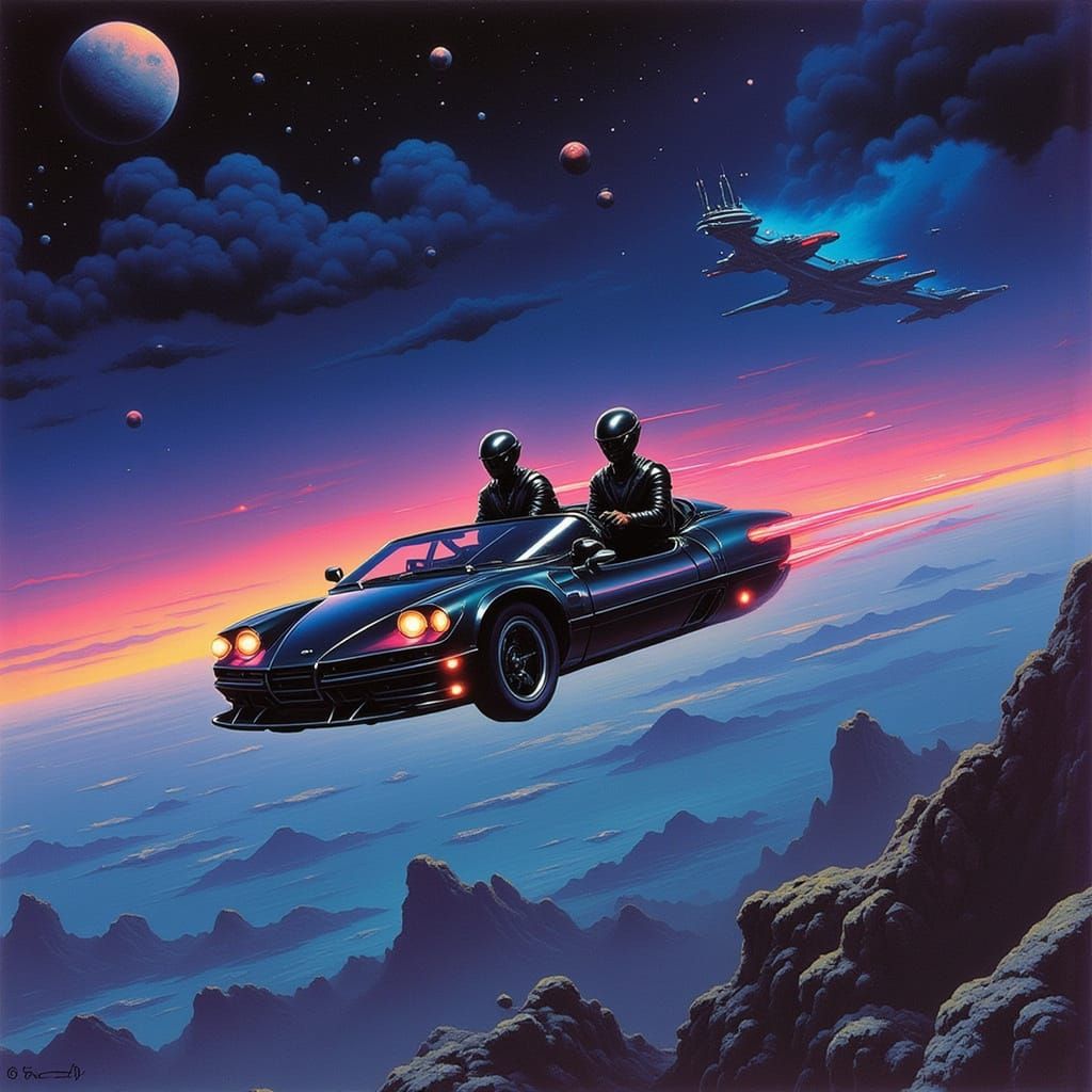 Aliens in Flying Car Soaring in Starry Sky