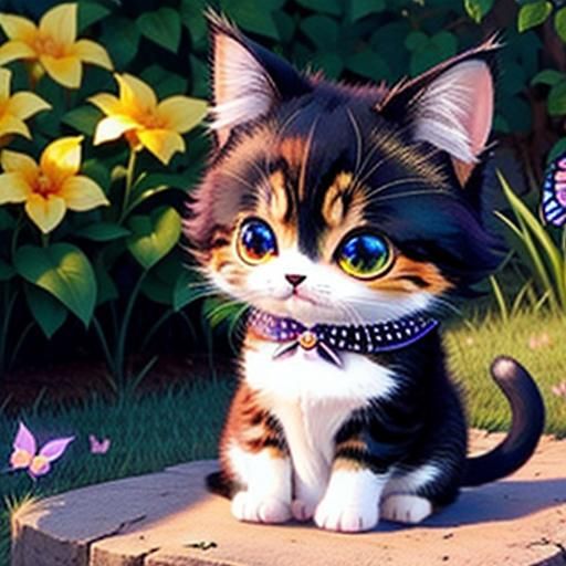 Chibi Cat Plays with Butterfly in Stardust