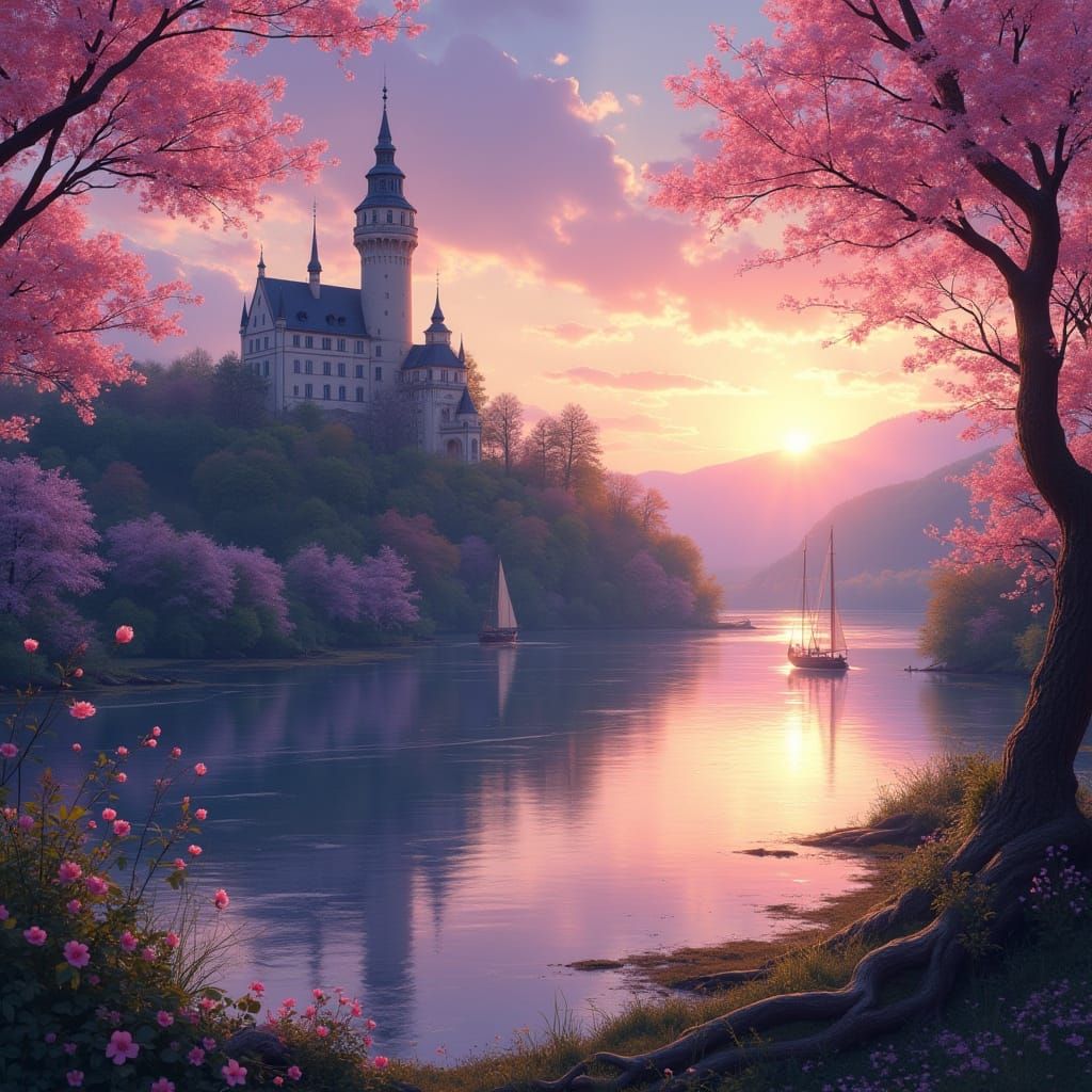 Rhein Castle Sunset with Cherry Blossoms and Sailing Ships