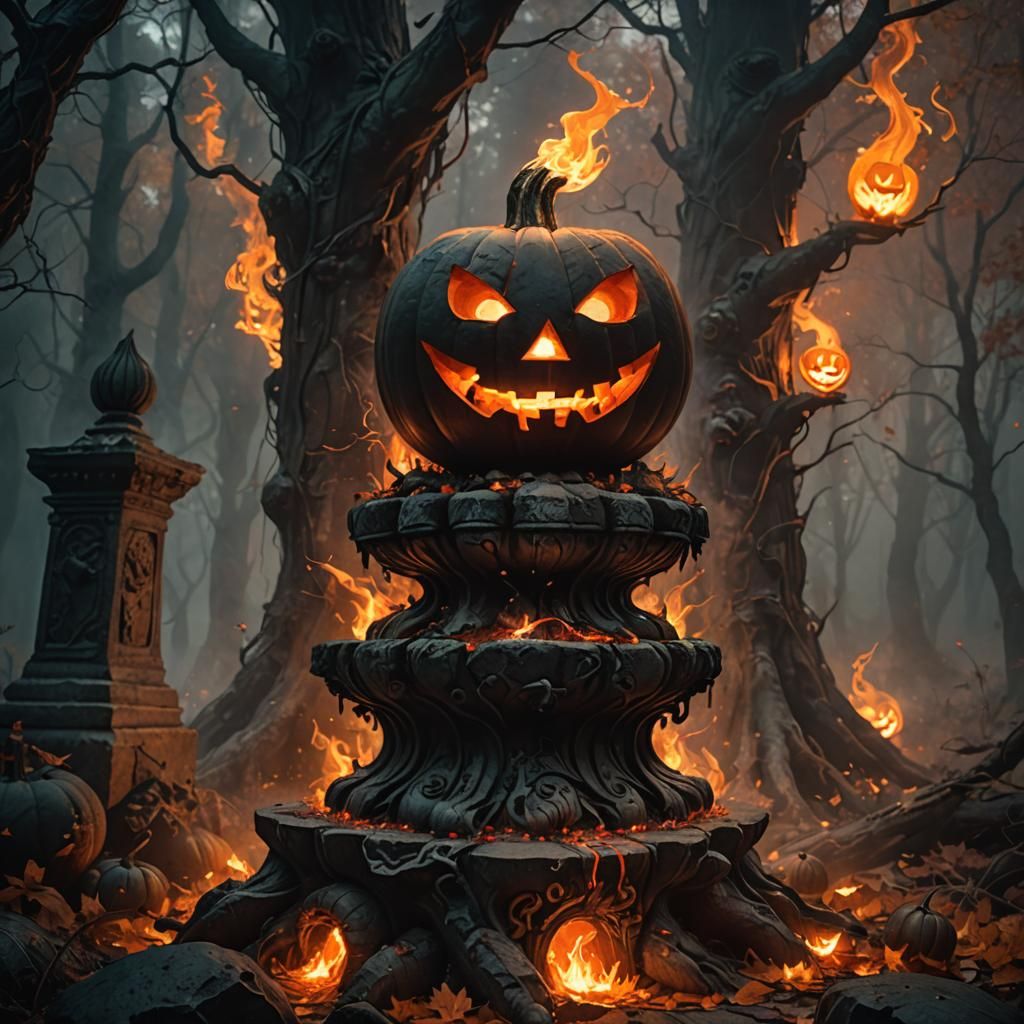 Fiery Jack-o'-Lantern in Dark Fantasy Forest