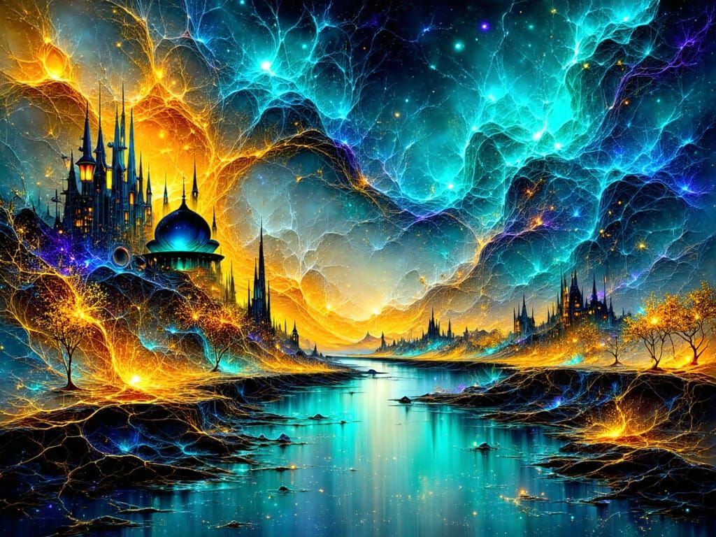 Surreal Leaf Cityscape with Fractal Light Streams