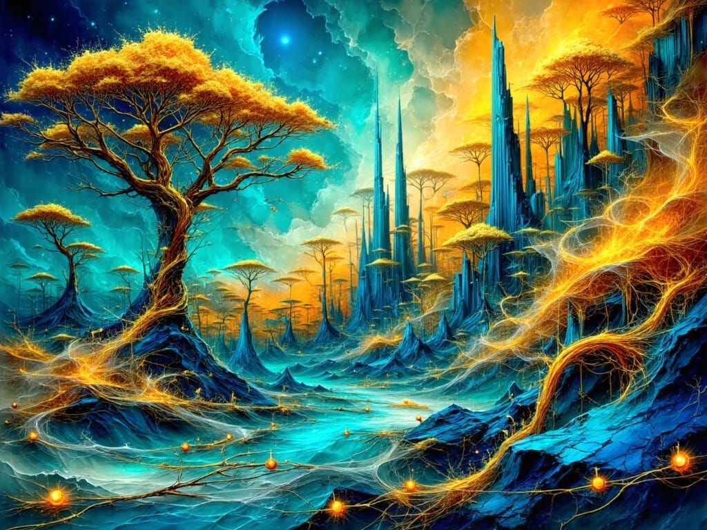 Surreal Cityscape with Gold and Turquoise Streams
