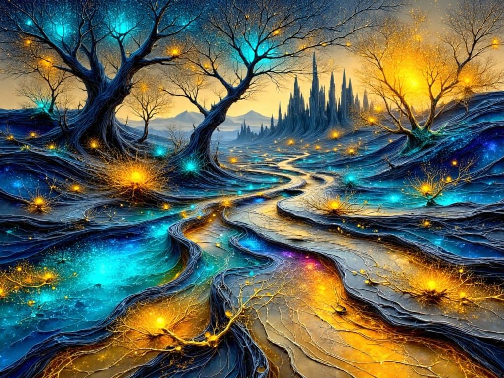 Surreal Cityscape Merged with Nature in Painterly Realism