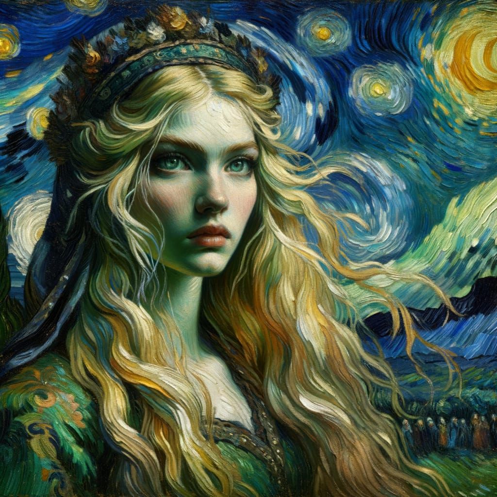 Norse Goddess in Van Gogh Style Oil Painting