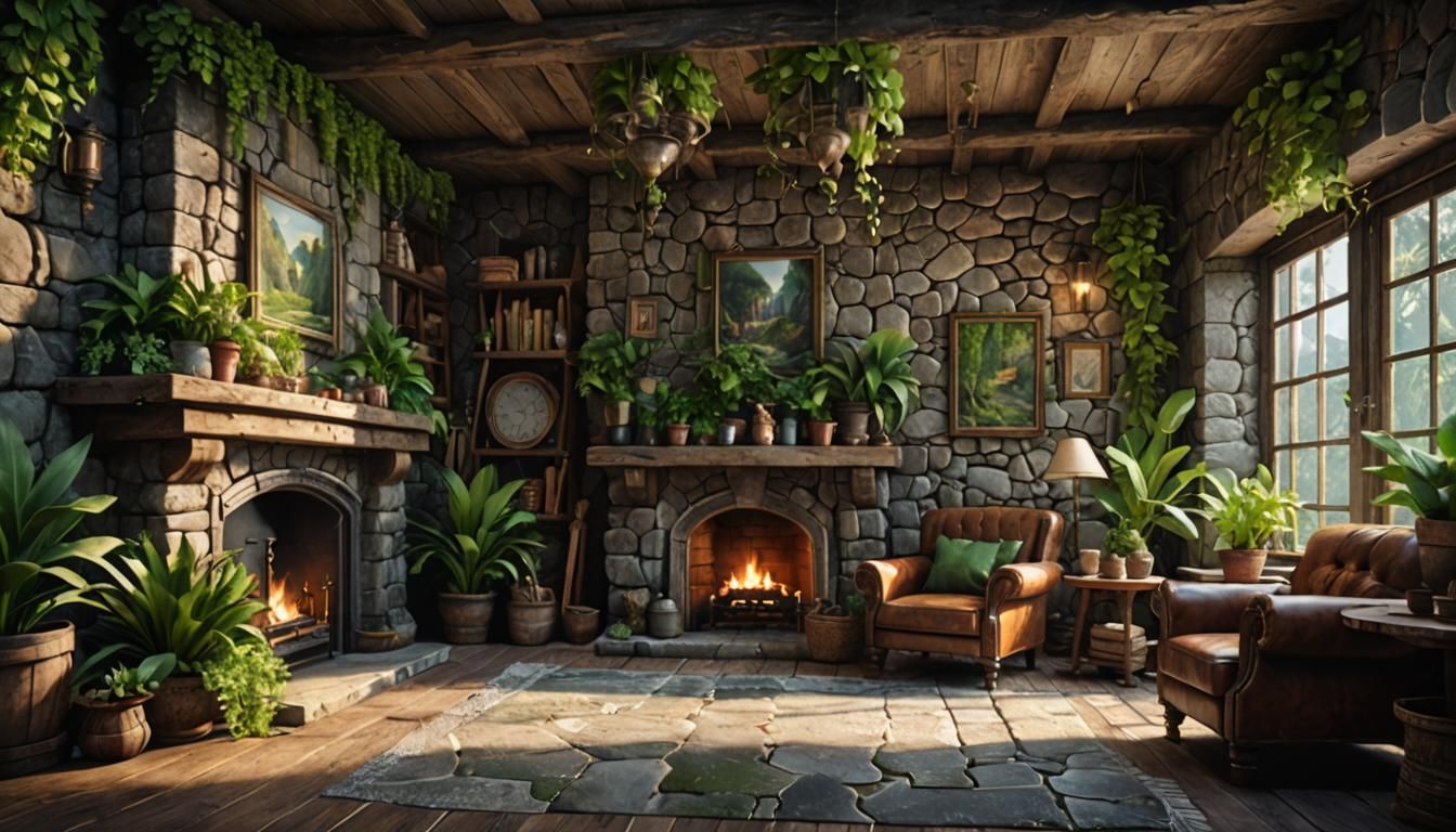 Rustic Living Room with Green Plants