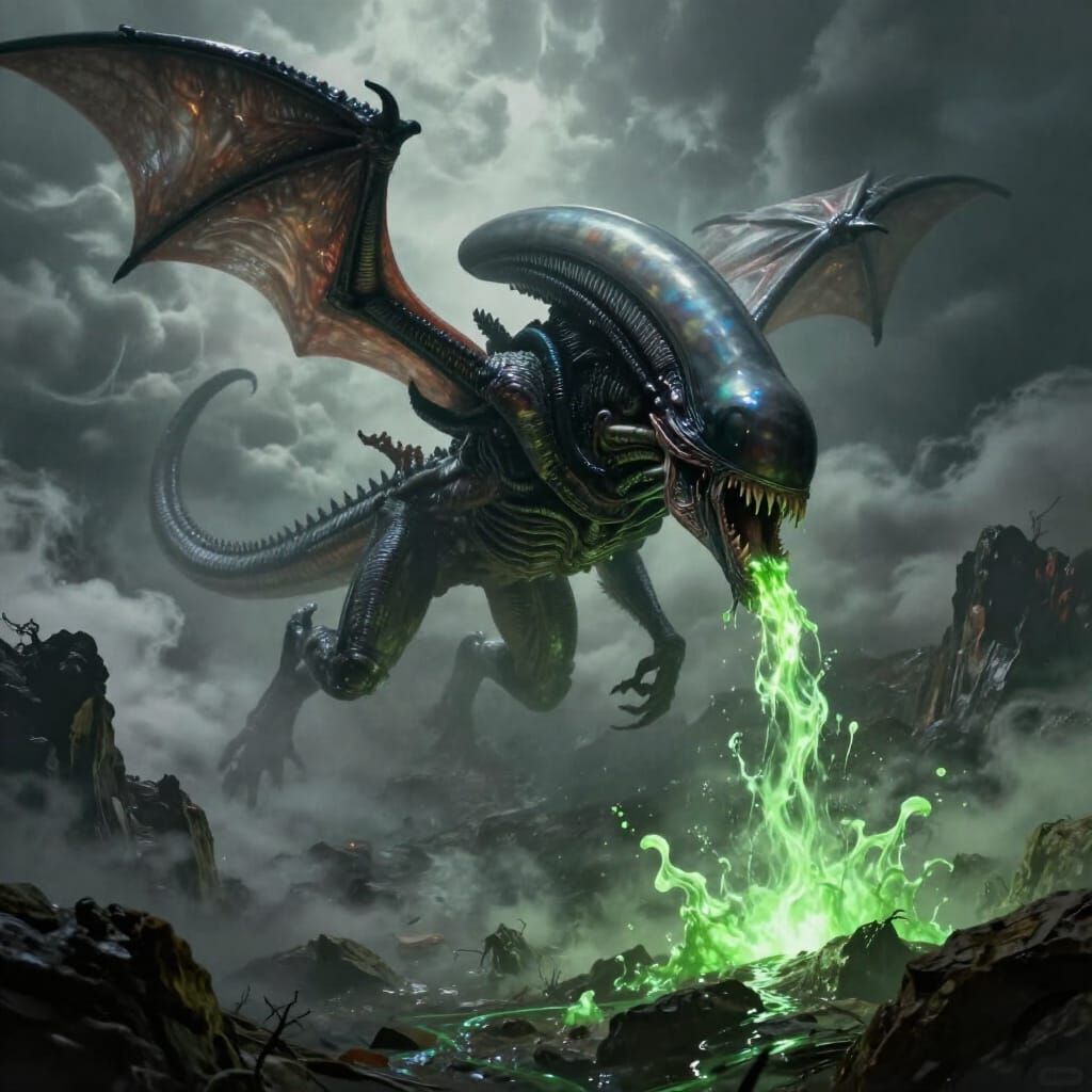 Xenomorph Dragon Fish Spews Acid on Mountain Landscape
