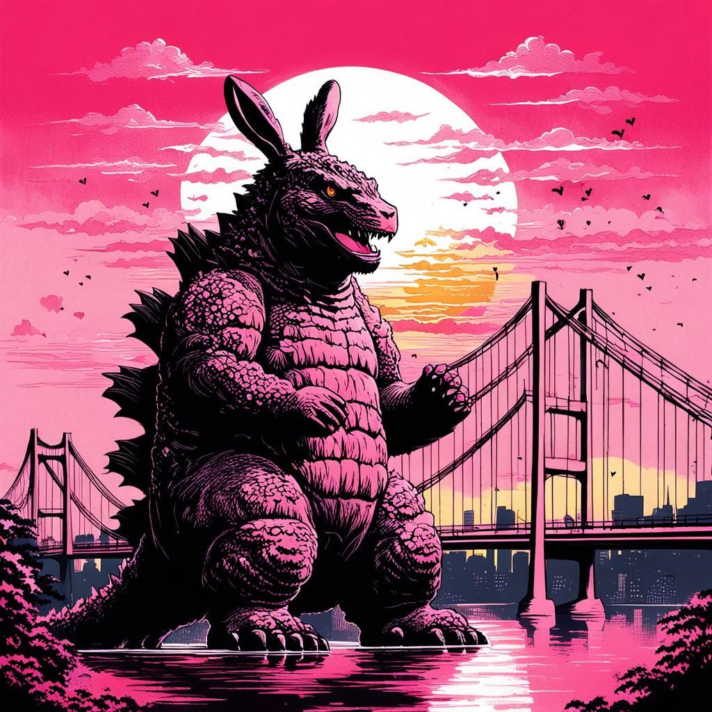 Godzilla and Bunny Valentine's Day Sunset: Japanese Print