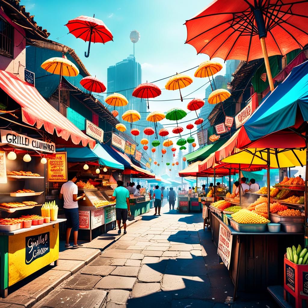 A vibrant Mexican street food market