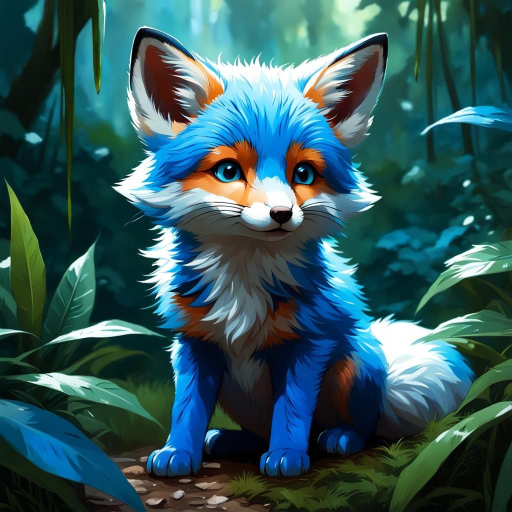 Mystical Blue Baby Fox in Jungle