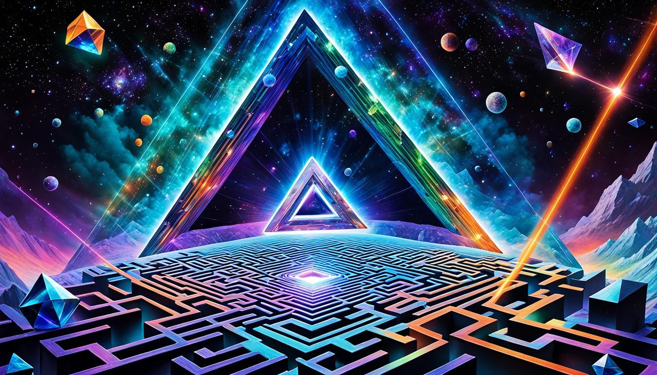 Geometric Crystal Maze Reveals Nebula in RetroSF Style