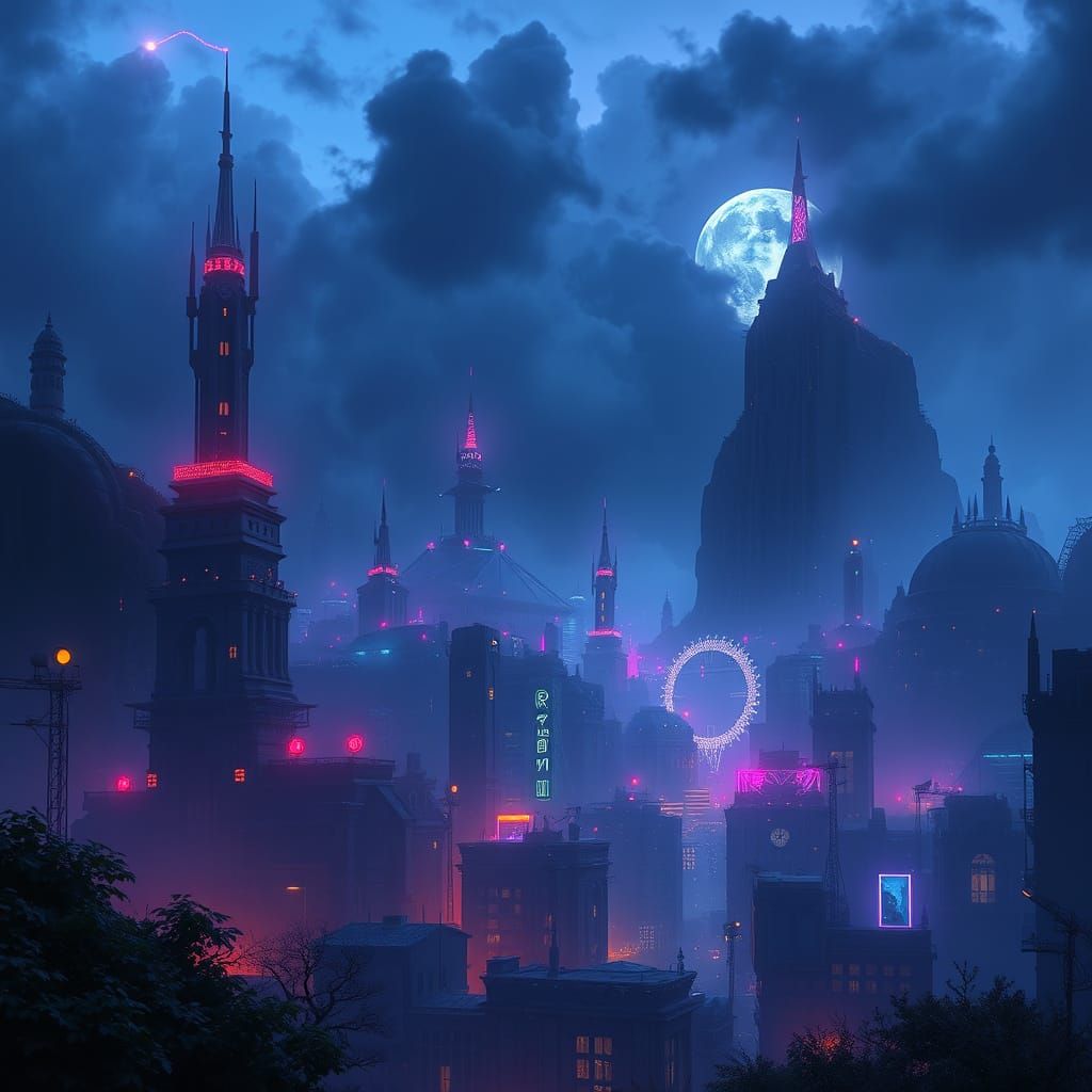 Dreamlike Nocturnal Cityscape in Cyberpunk Style