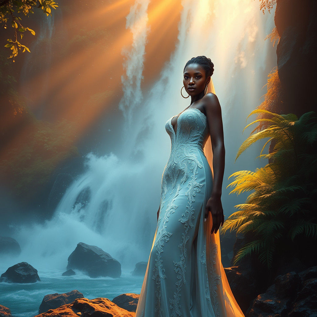 Regal Model by Waterfall in Fantasy Style