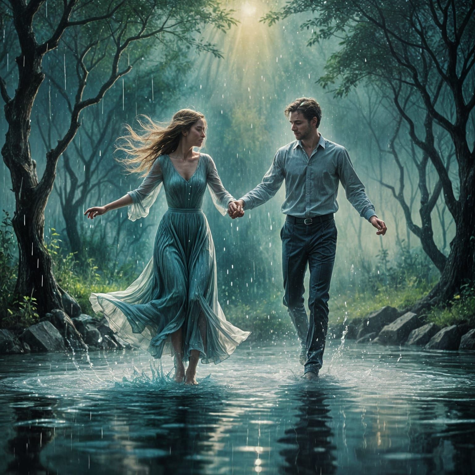 Ethereal Couple Dancing in Mysterious Water Glow