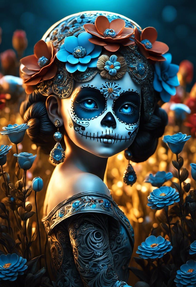 Intricate Catrina Baby on Bioluminescent Skull Field