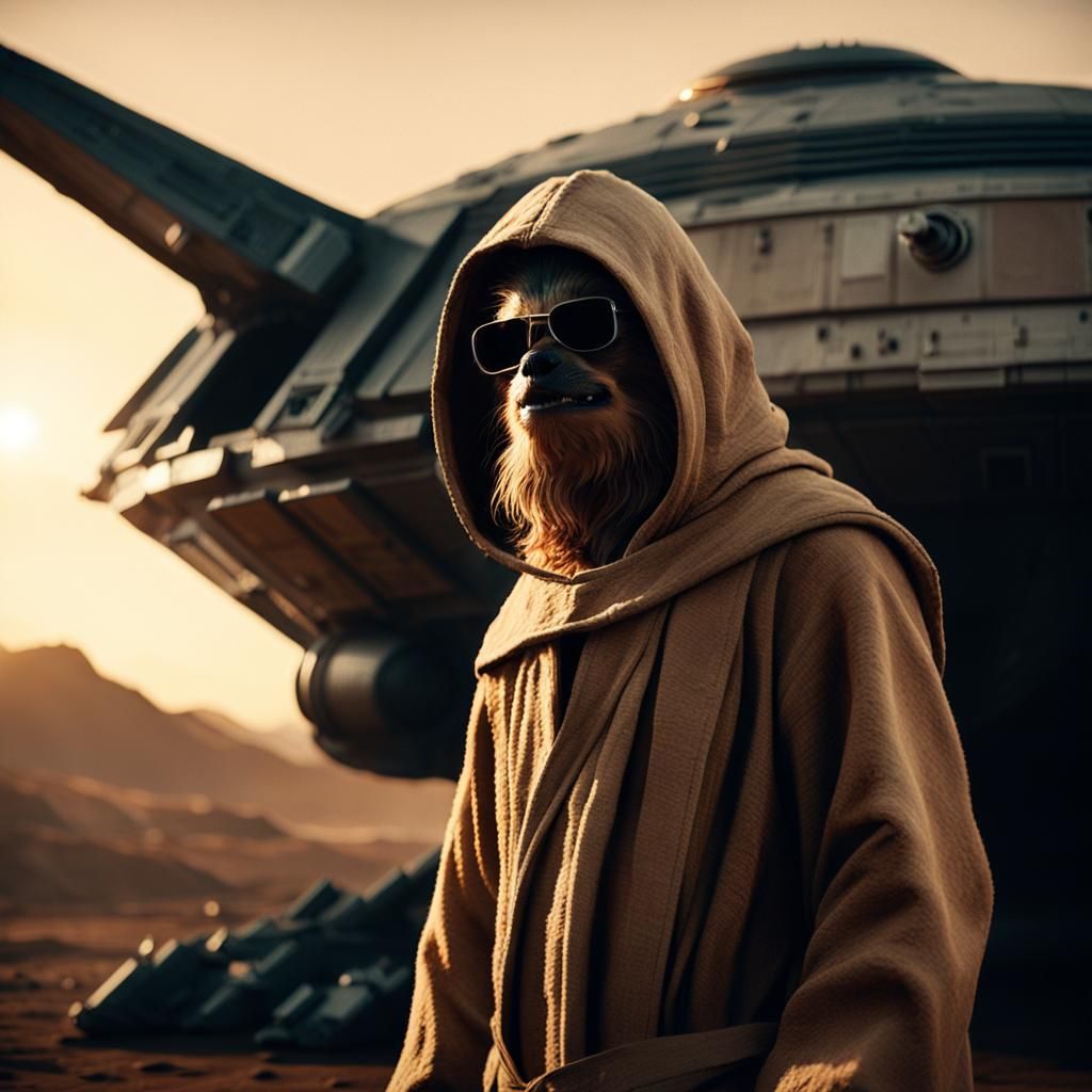 Epic Chewbacca in Dark Hooded Robe Stands Beside Spaceship