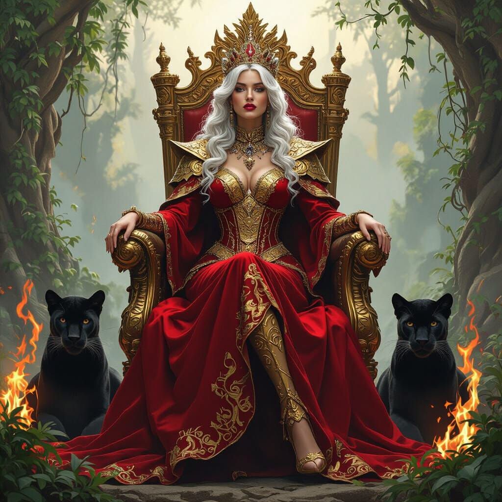 Majestic Queen of Wands in Red & Gold on Golden Throne