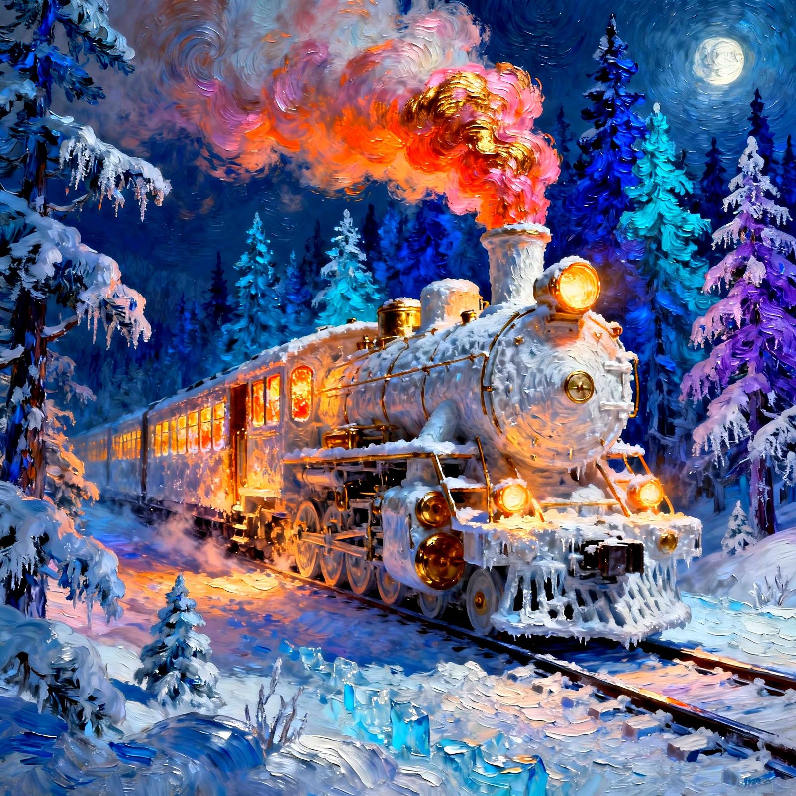 Snow Train in Golden Light, Impasto Style