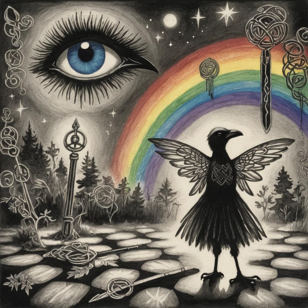 Celtic Raven Silhouette in Crayon and Rayograph Style