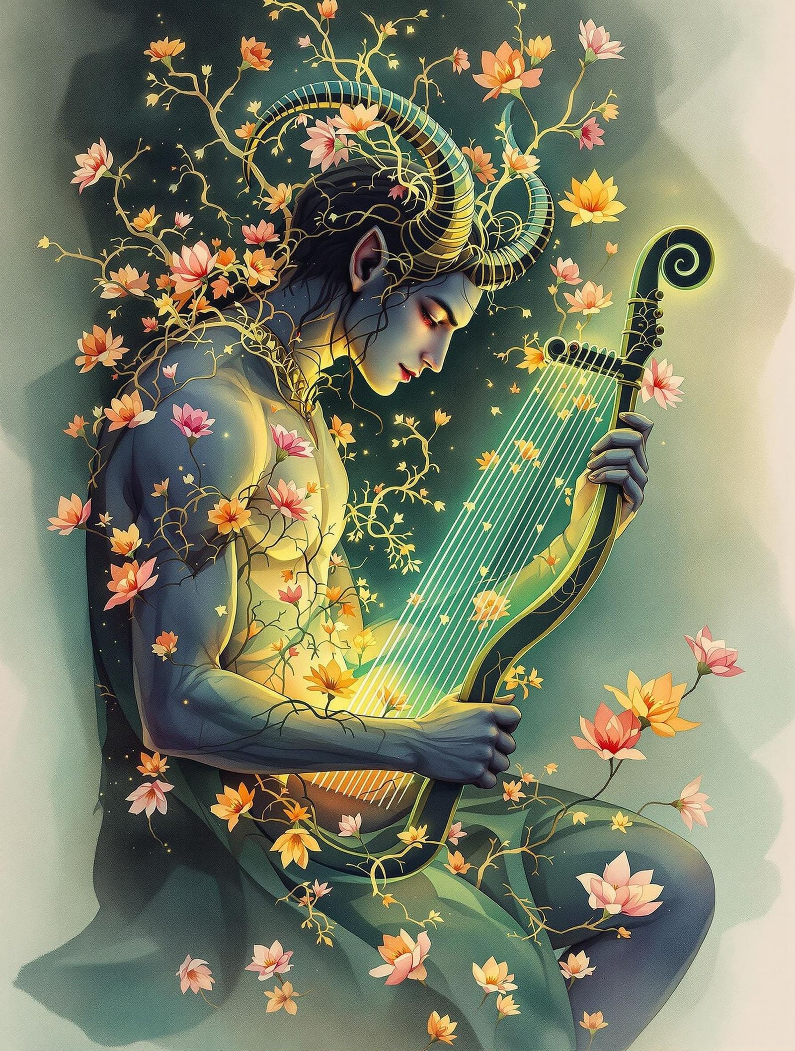 Ethereal Satyr Leans on Vibrant Lyre amidst Blooming Flowers
