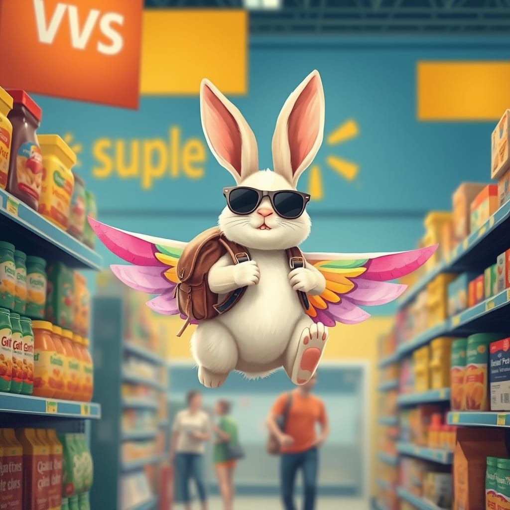 Whimsical Bunny Soars Through Vibrant Walmart Scene