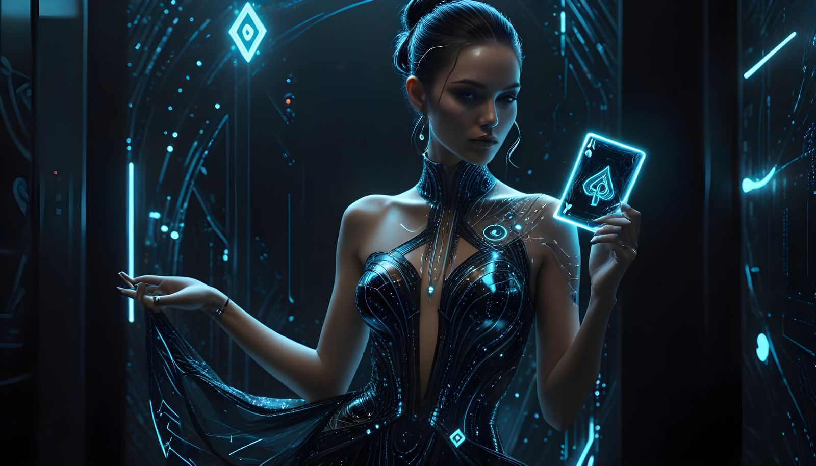 Cyberpunk Fashion Illustration of Woman in Circuit Gown