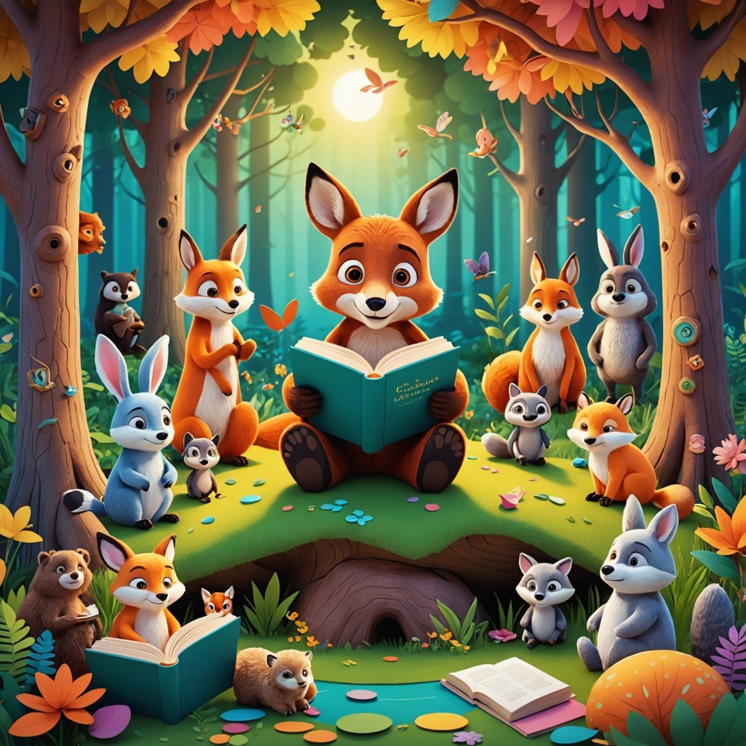 Enchanting 3D Illustration: Child Reading in Magical Forest