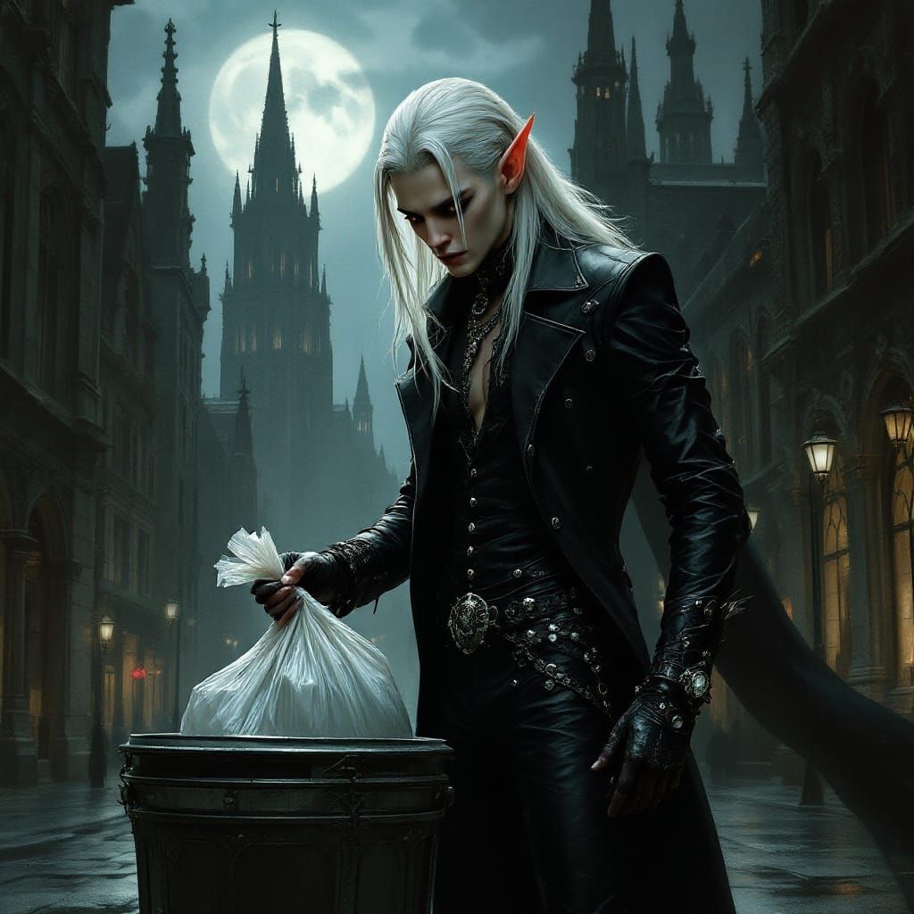Gothic Elf Discards Trash in Dark City Streets