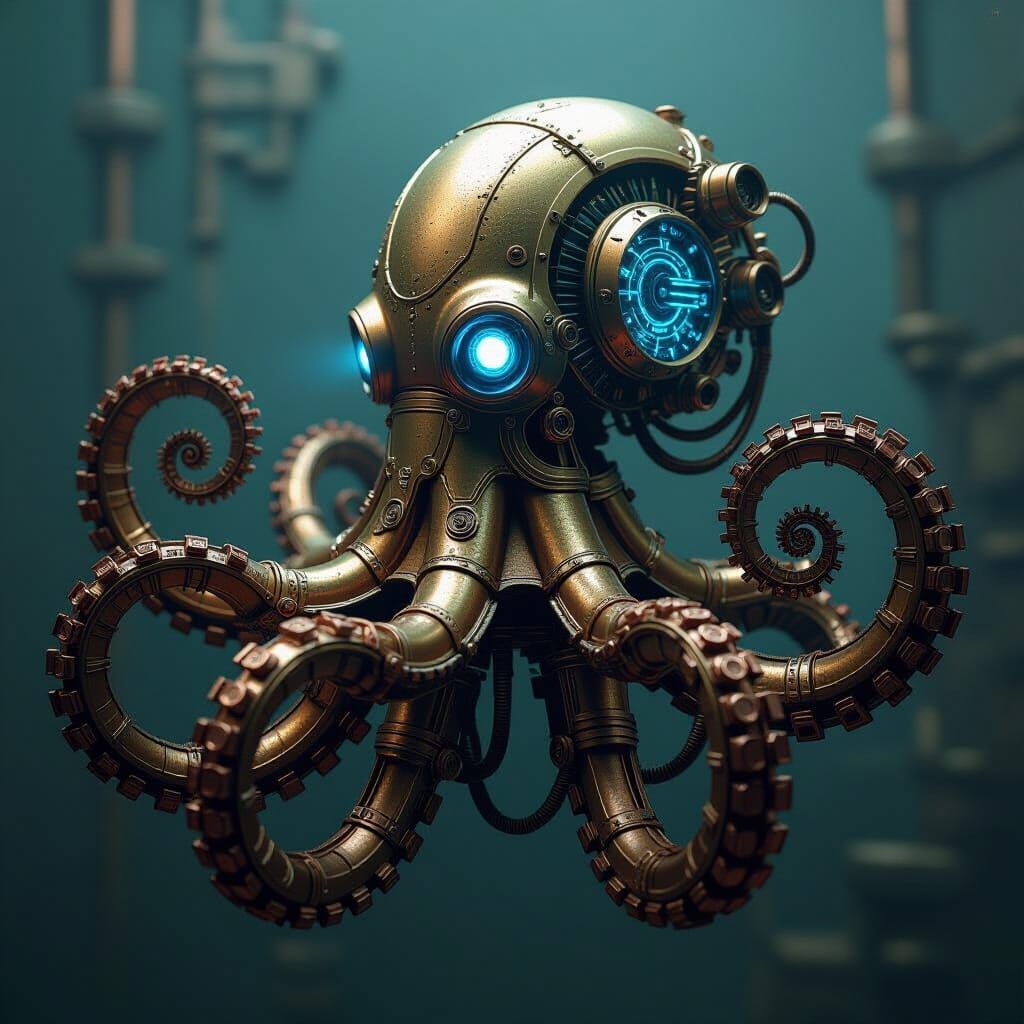 Intricate Mechanical Octopus with Glowing Blue Circuits
