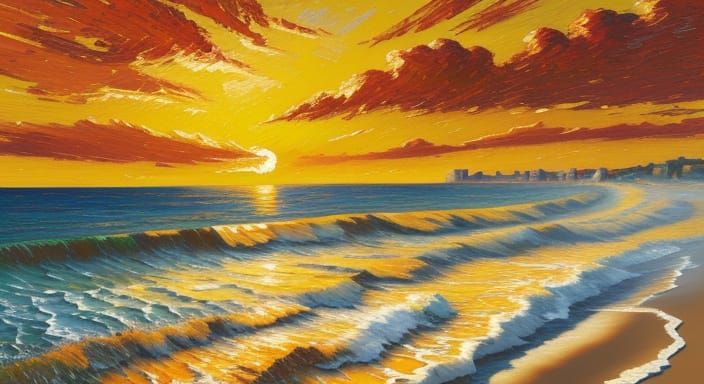 Golden Sunset Beach in Impasto Style