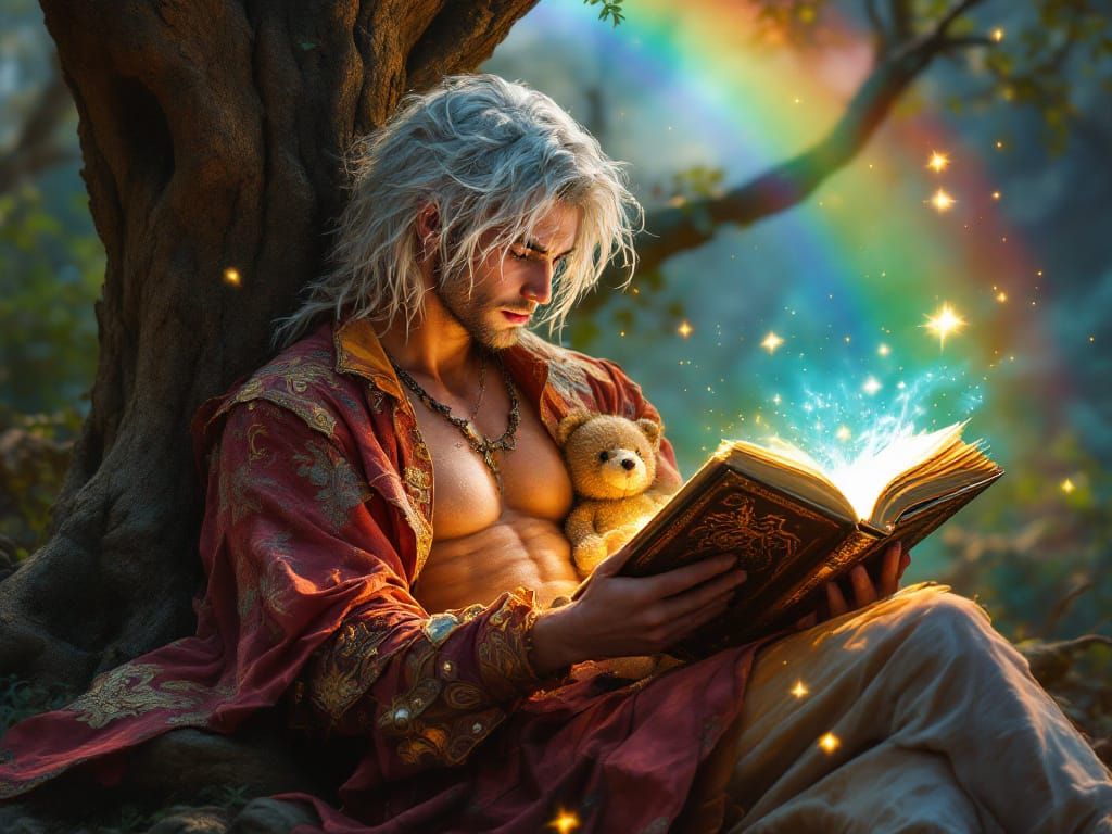 Mystical Figure Reads Magic Book Under Rainbow