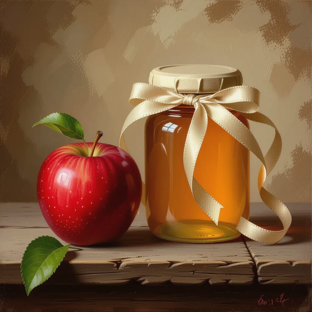 Honey, Apple, and Ribbons in Art Nouveau Style