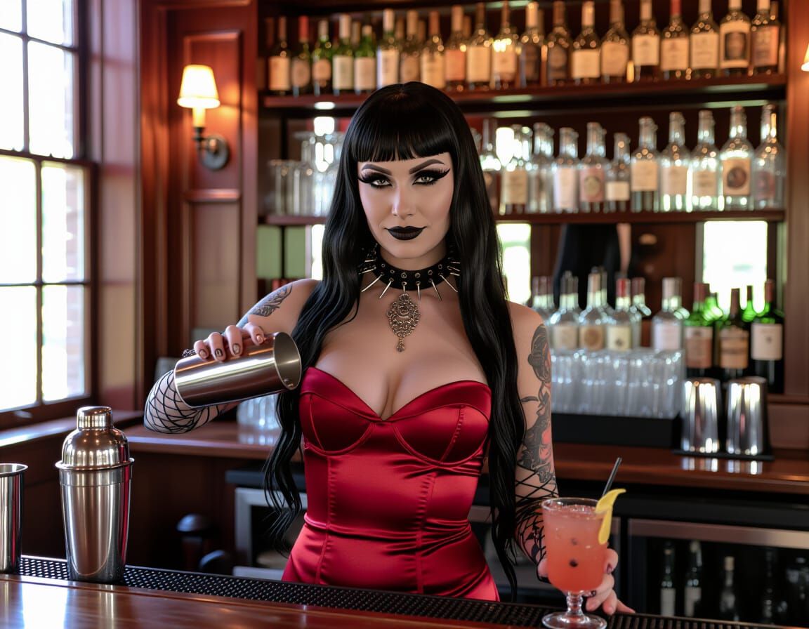 Gothic Bartender Mixing Cocktail in Halloween Mansion