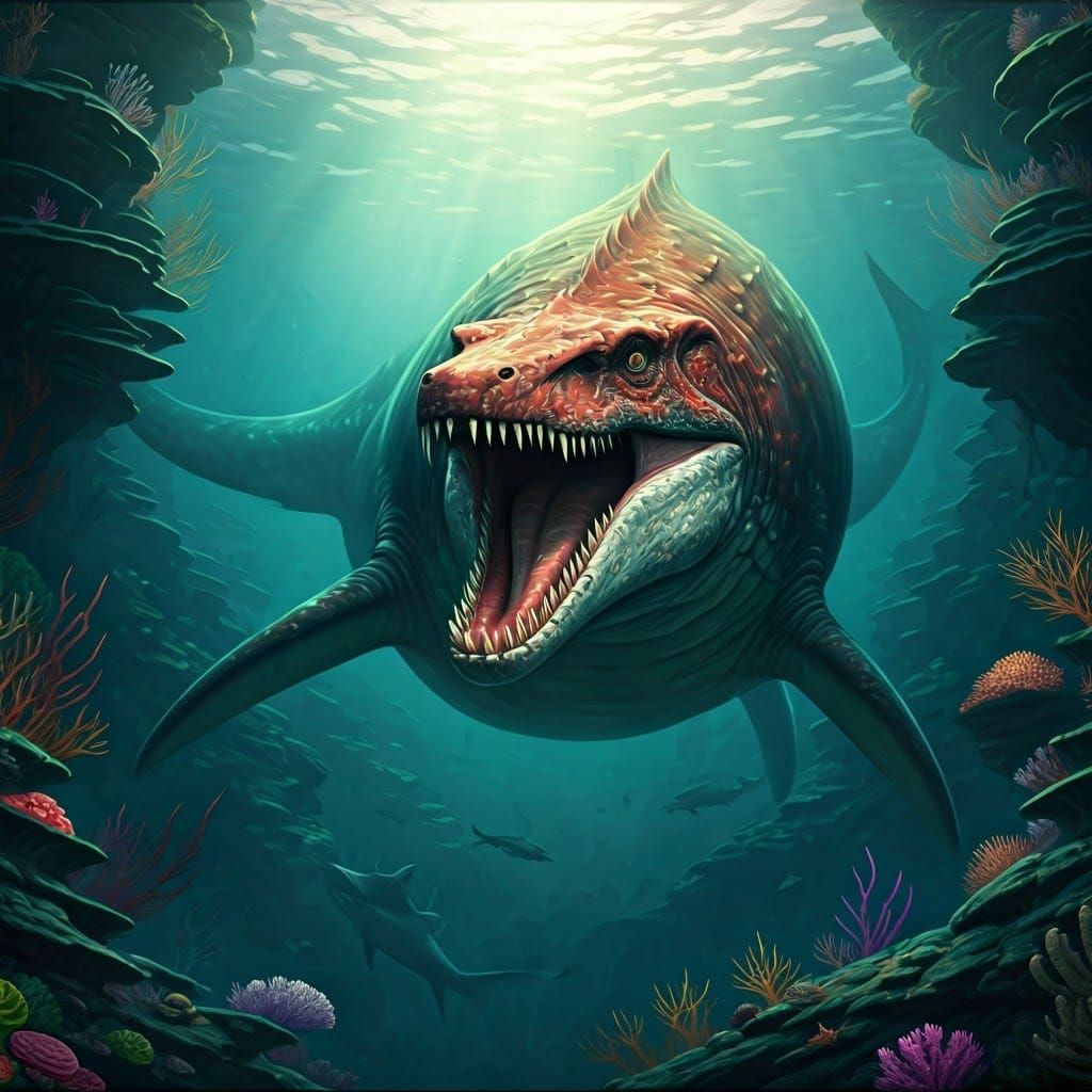 Colossal Mosasaur with Opal Skin in Underwater Scene