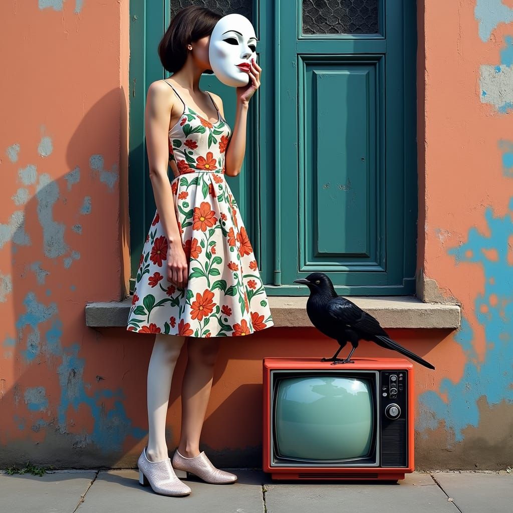 Woman with Mask in Graffiti Street Art